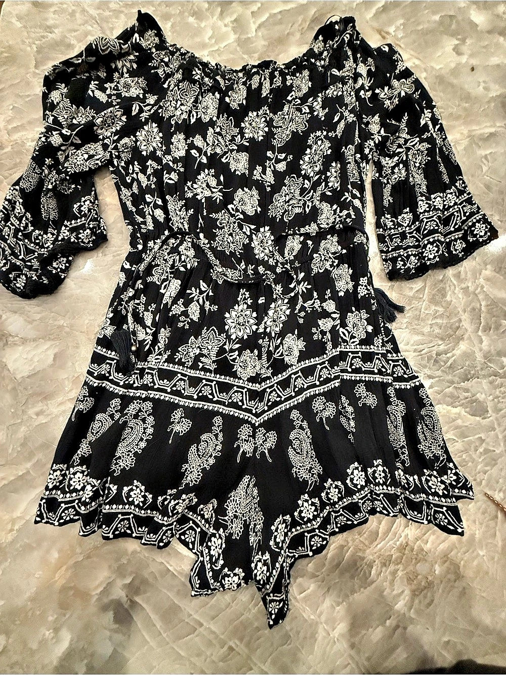Angie Black & White Floral Off Shoulder Romper Jumpsuit Drawstring M